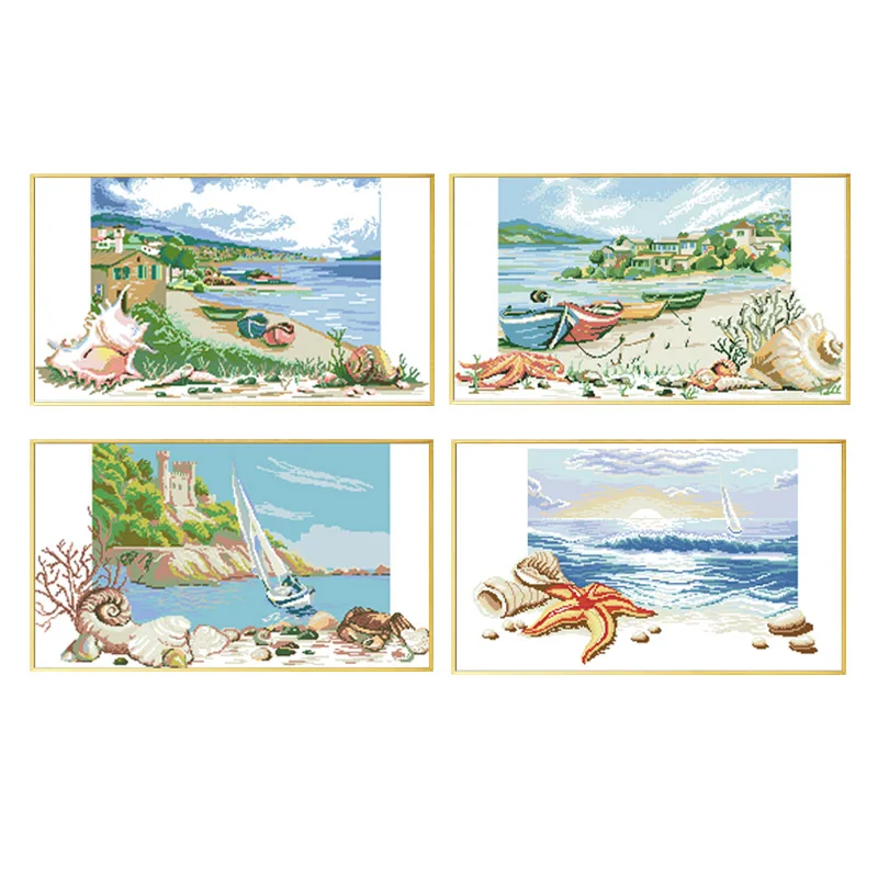 Seaside Scenery Patterns Cross Stitch Kits Printed Fabric Embroidery Needlework Sets 11CT 14CT Diy Handmade Home Decor Paintings