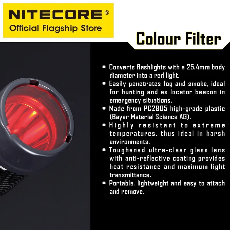 NITECORE 25.4mm Flashlight Filter Red Blue Green,Diffuser Traffic Wand NFR25 NFB25 NFG25 NFD25 for P10I P10ix EC23 MH12S MH12 V2