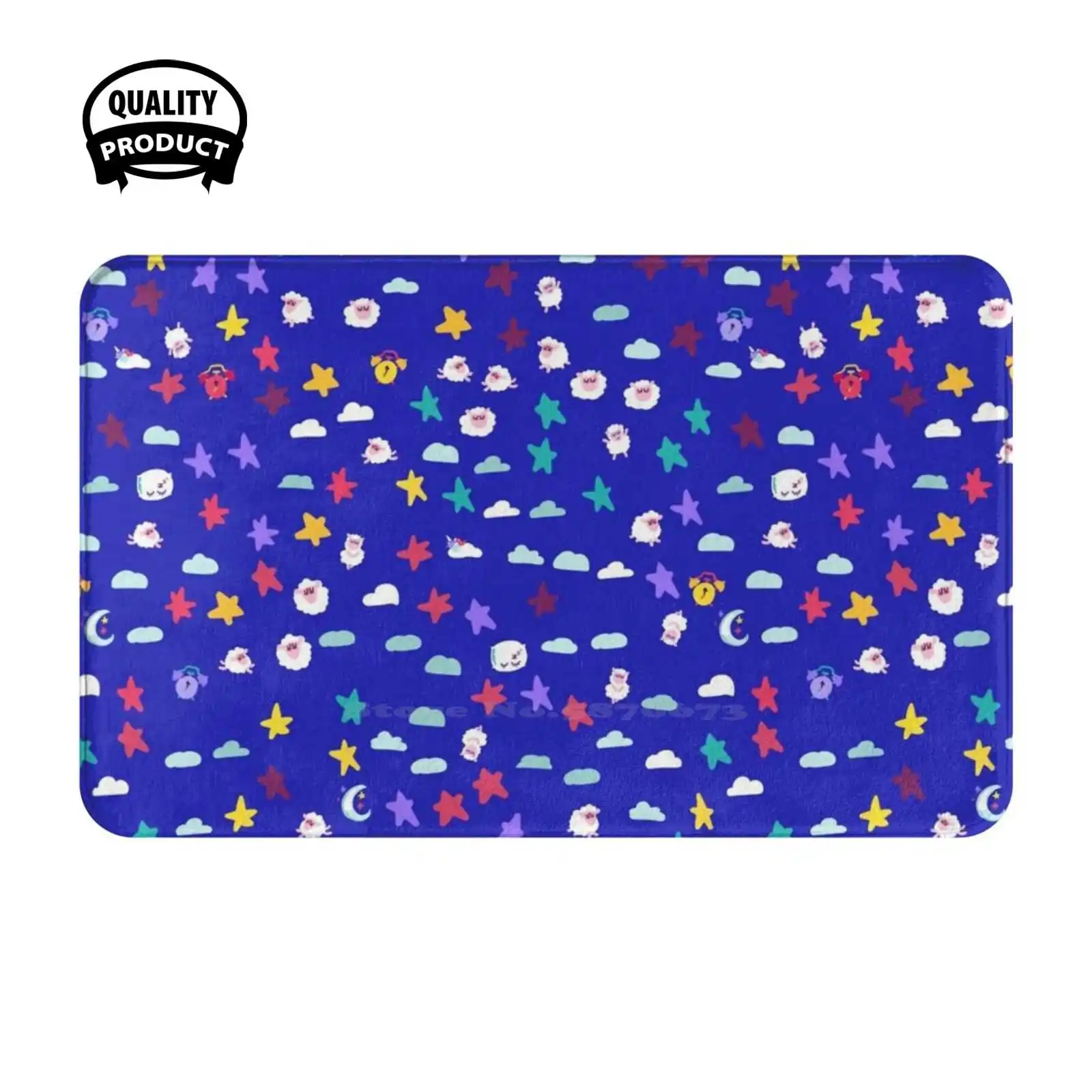 Blue Sleepy Kawaii Sheep , Children'S Cute Animals Cartoon Illustration Black , Blue / Teal Soft Cushion Home Carpet Door Mat