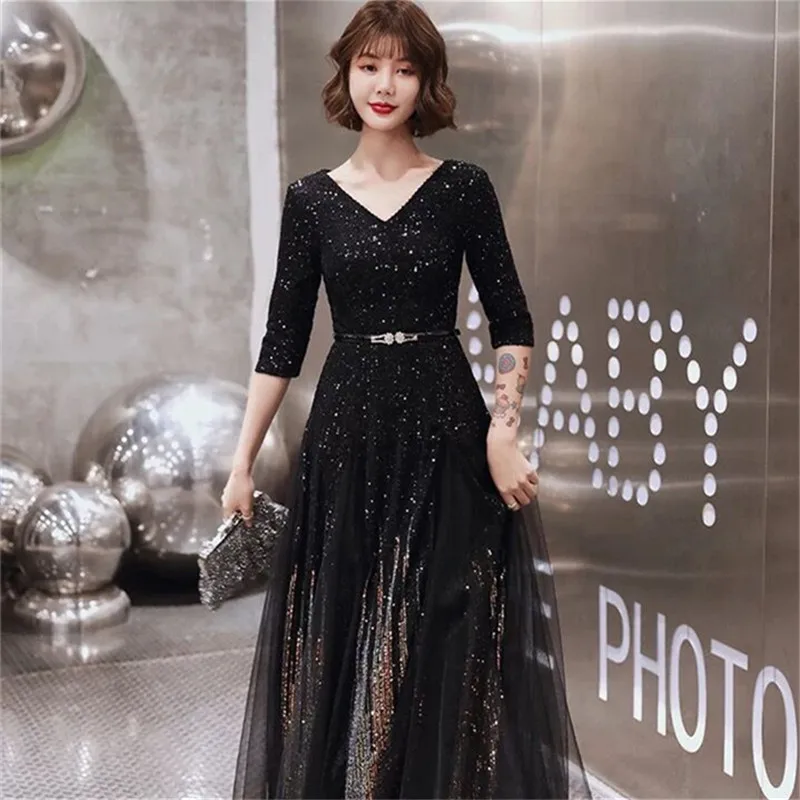 Evening Dresses 2020 Black Sequin V-neck Sparkle Elegant Little A-line Tulle Long Women\'s Formal Party Prom Gowns