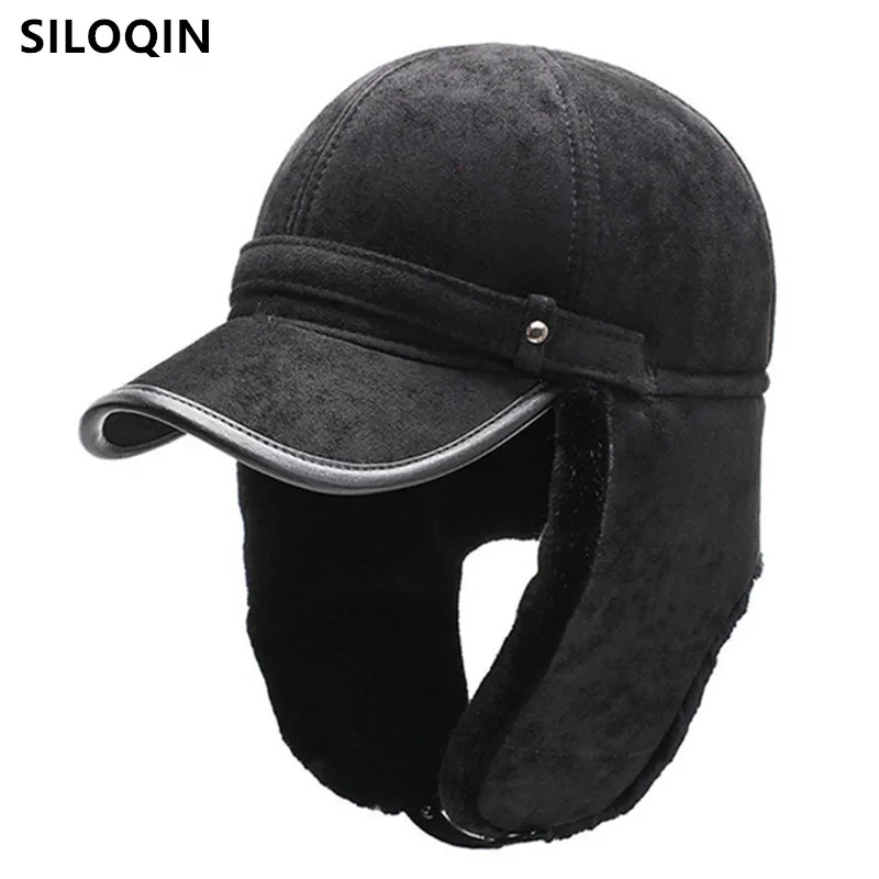 

SILOQIN New Winter Men's Warm Suede Bomber Hats Plus Velvet Fluff Earmuffs Caps Cold Proof Windproof Elderly Dad's Hat Ski Cap