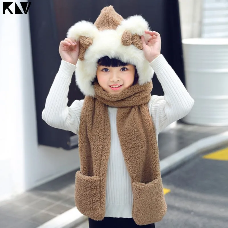 KLV Kids 3 In 1 Warm Plush Winter Hat Cute Bowknot Bear Ears Scarf Gloves Hoodie Cap