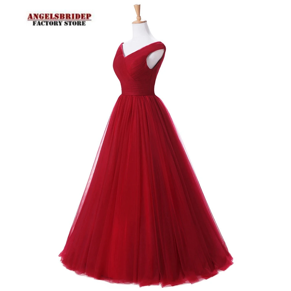 Suknie Wieczorowe Cap Shoulder Tulle Long Evening Dress V-Neck Pleat Womens Dress Vestidos De Festa Formal Party Gown Lace-up