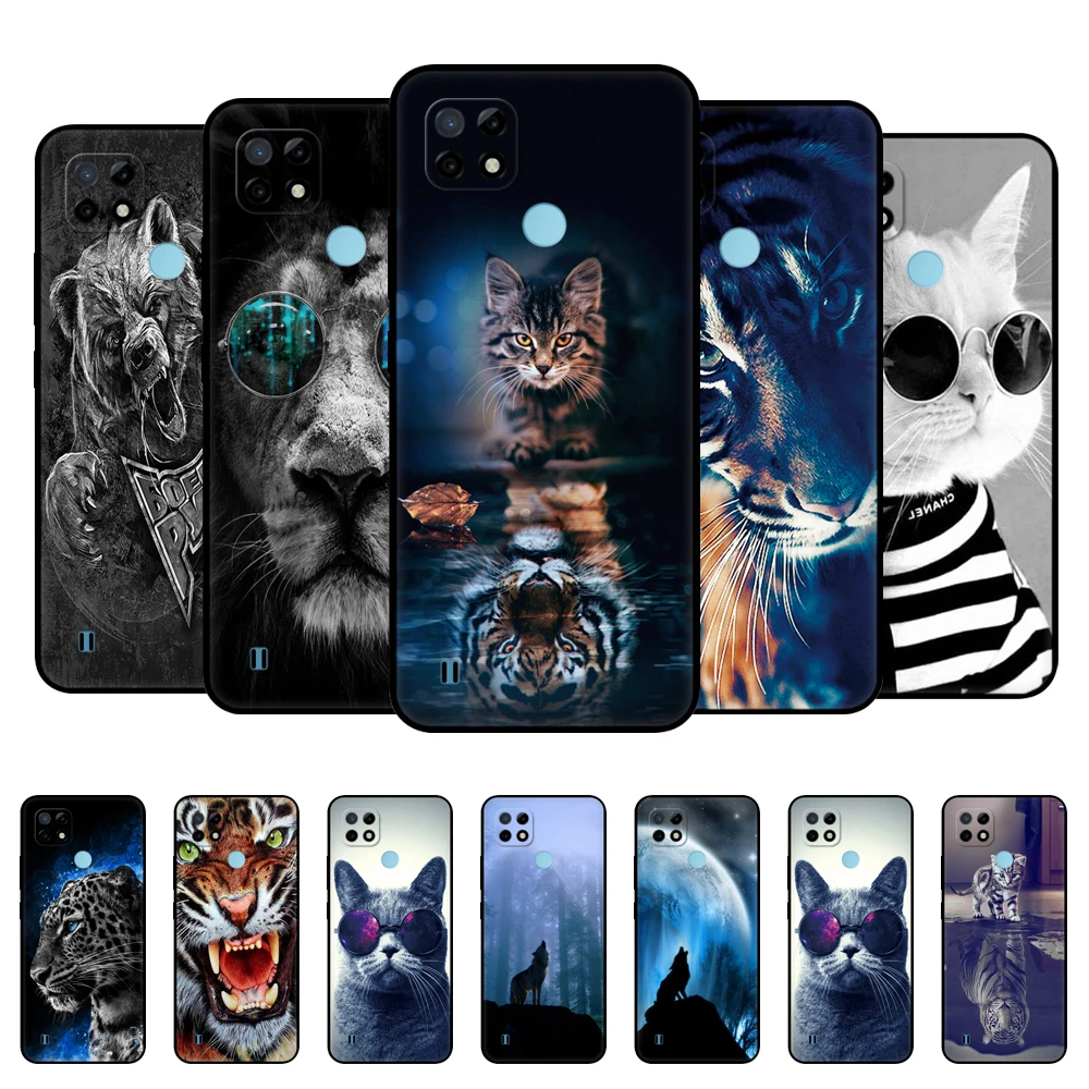Чехол для Realme C21, чехол для OPPO RealmeC21 C 21, задняя крышка для телефона 6,5 дюйма, чехол для Funda RMX3201, чехол для телефона с зернистой фактурой, чехол с Львом, тигром, волком, котом