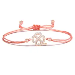 Sparkling White Cubic Zirconia Four Leaf Clover Lucky Charm Bracelet Women Girl Love Heart CZ Stones Red String Handmade Jewelry