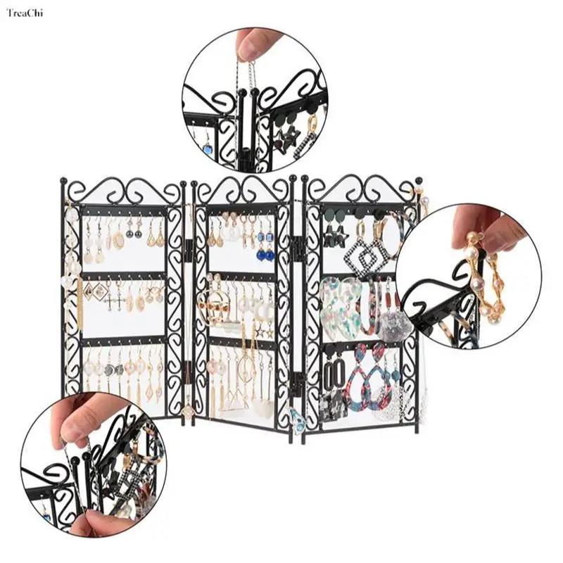 72 Holes Earring Display Stand Metal Jewelry Organizer Foldable Fence Hanging Necklace Rack Chain Bracelet Storage lady Desktop