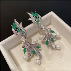 Women Geometric lines green zircon pearl earrings curve seaweed earrings silver needle earrings