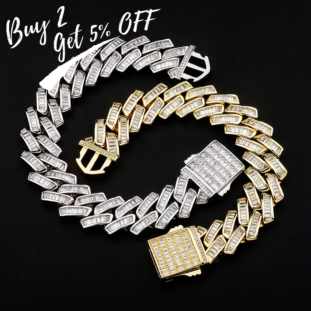 TOPGRILLZ Mens Bracelet 18mm Baguette Prong Cuban Link Bracelet CZ Iced Out Chain High Quality Hip Hop Luxury Jewelry For Gift