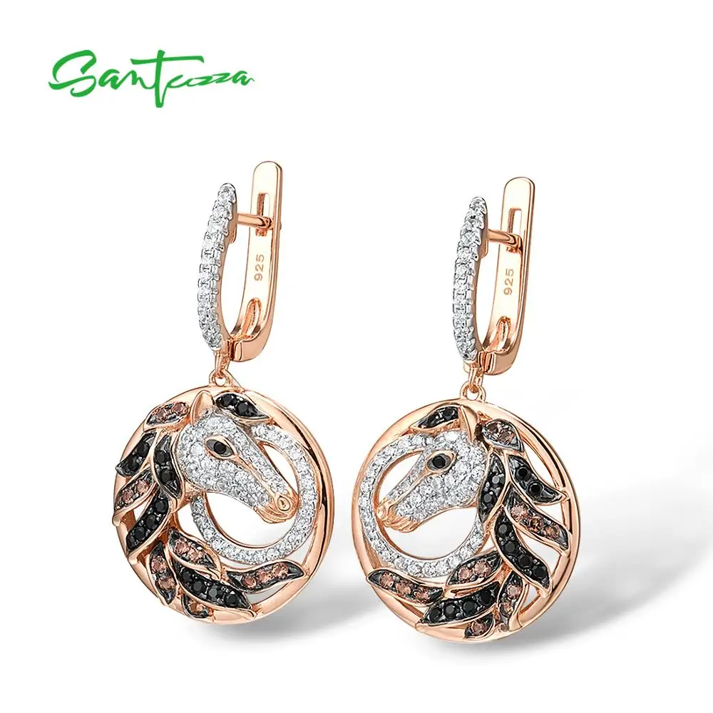 SANTUZZA Silver Earrings For Women Pure 925 Sterling Silver Rose Gold Color Black Brown Horse Earrings Trendy Party Fine Jewelry