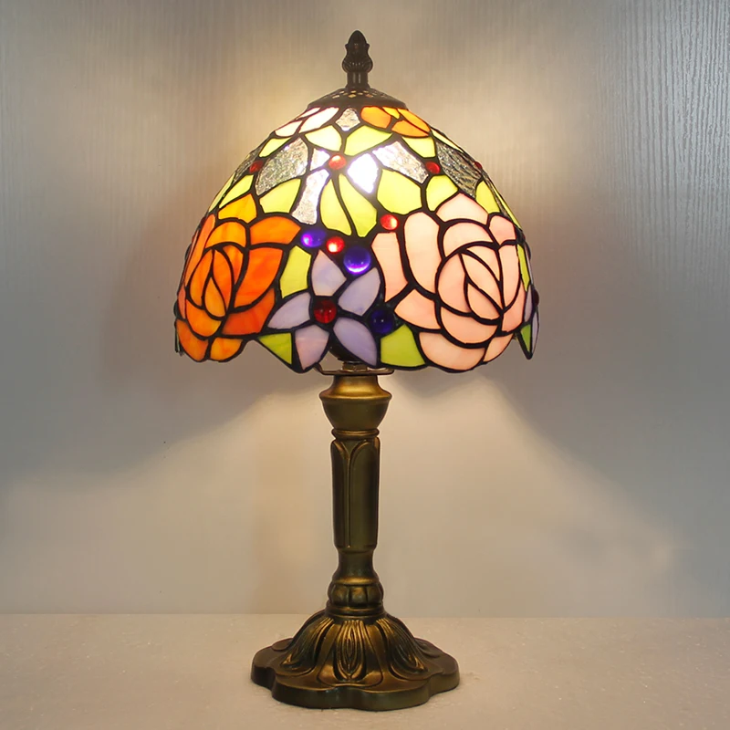 

Tiffany table lamps for bedroom bedside vintage stained glass shade rose flower design dia 20cm 8” light for study desk