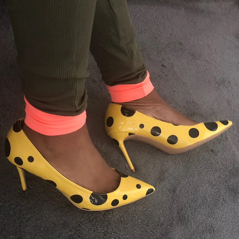 Veowalk Black Polka Dots Women Yellow Stilettos High Heels Ladies Fashion Slip On Pumps Club Party Dress Shoes Color Customized