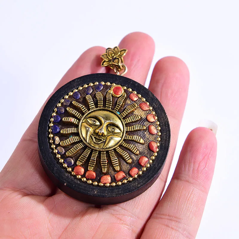 Unisex Indian Nepal Vintage Pendant Wood Beads Sun God Copper Inlay Components Day and Night Indian Pendant For Jewelry Making