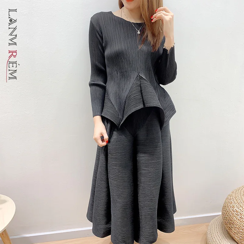 LANMREM Green Beige Suit Round-neck Pleated Loose Casual Pullover Long-sleeved Top+ankle-length Skirt Female Fashion Tide 2A1446