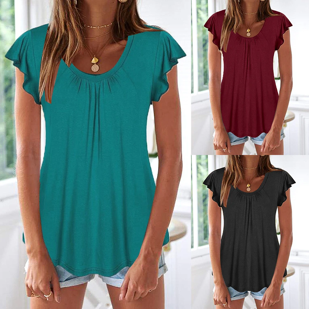 Hot Women T-shirts 2021 Solid Color Scoop Neck Short Ruffled Sleeve Shirts Bottoming Top Women T Shirt Summer