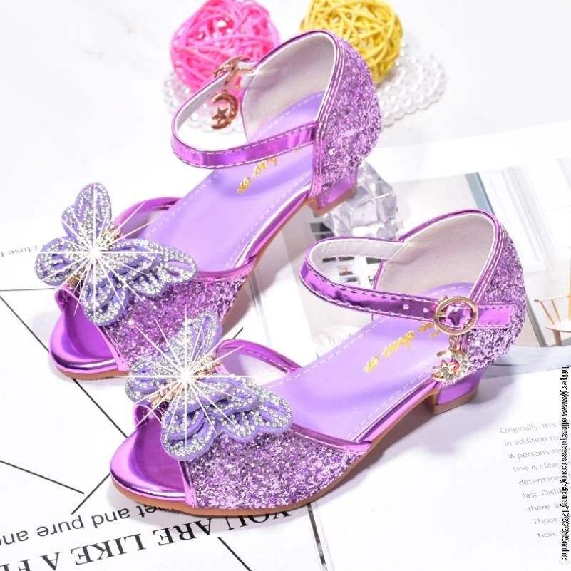 Princess Kids Leather Sandals Girls Bow Casual Glitter High Heel Butterfly Knot Children\'s Shoes