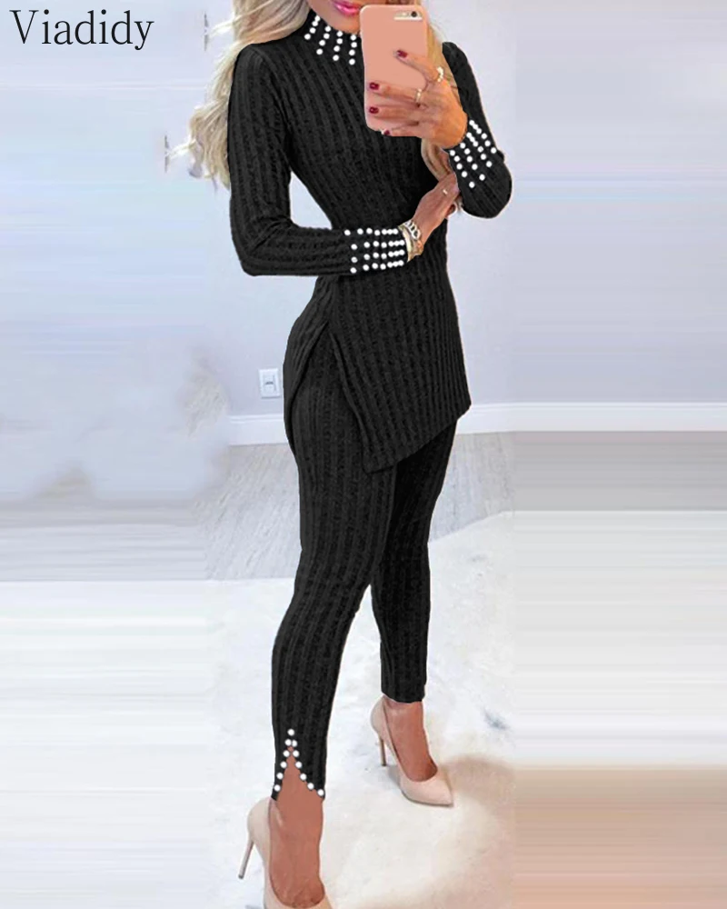 Women's Suit Casual Knit Beaded Side Slit Long Sleeve Top Sweater & Long Pants Set