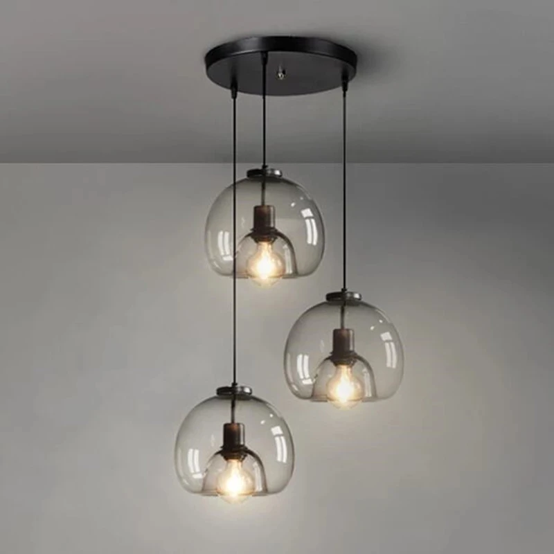 

American Vintage Smoke Gray Glass Pendant Lights 1/2/3 Light Combine Living Room Nordic Led Loft Industrial Hanging Lamp Fixture