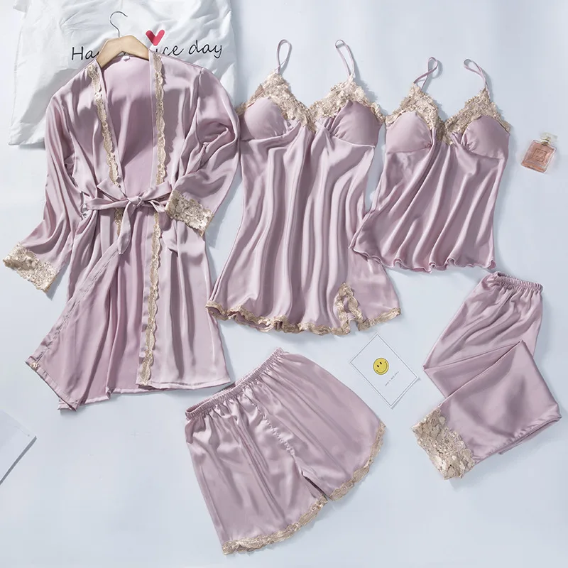 5 Pieces Pajamas Set Women Kimono Gown Satin Silk Sleepwear Casual Nightwear Intimate Lingerie With Lace Sexy Bathrobe Pyjamas