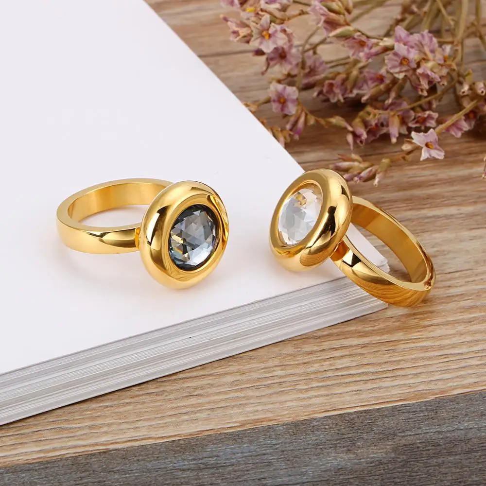 Kalen New Fashion Dubai Gold Color Rings Stainless Steel Bagues Femme White Gray Stone Cheap Party Engagement Lover Rings Gifts