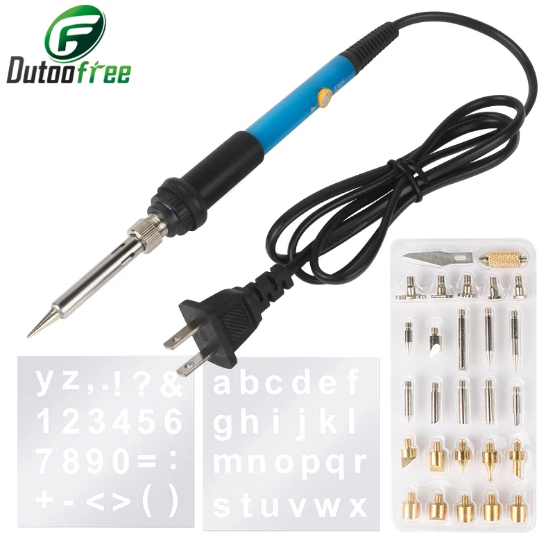 Electric Soldering Iron Temp Adjust Wood Embossing Burning Carving Pyrography Engrave Tool Kit Brass Solder Tips 60W 110V/220V