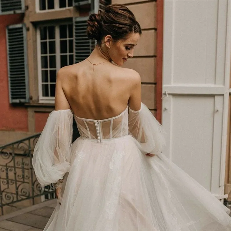 Robe de mariée bohème à manches longues bouffantes pour femmes, robe trapèze pour patients, appliques en dentelle simples, robe chérie, tout ce qui est élégant