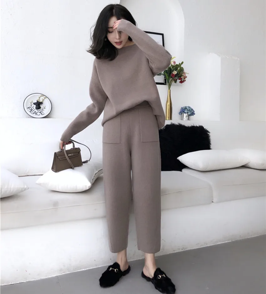 2024 New Autumn Winter Knitting 2 PCS Set For Women O Neck Thick Loose Sweater Tracksuits + Casual Ankle-Length Pants Warm Suits