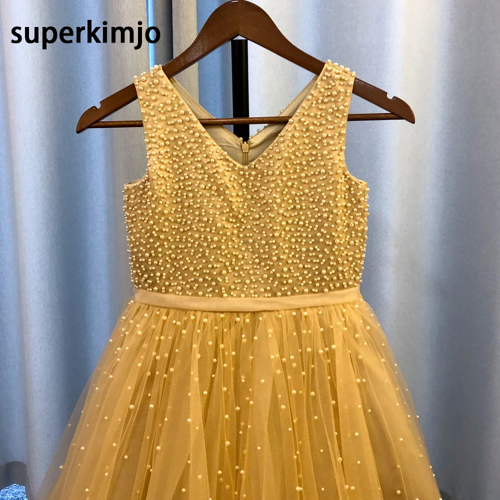 Parels Little Flower Girls Jurken Een Lijn Champagne Parels Een Line Tulle Lange Real Picture Meisjes Party Dress Prom jurk