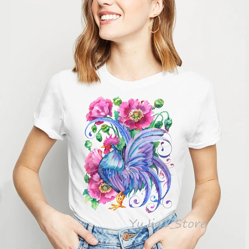 Watercolor Flowers Blue / Water Rooster tshirt women kawaii clothes animal print tumblr t shirt femme streetwear Free Shiping