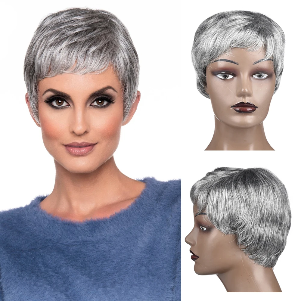 

Pixie Cut Wigs Short Cosplay Wig Female Haircut Puffy Straight Natural Cheap Grey Synthetic Hair Full Wigs