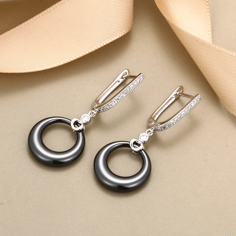 585 Rose Gold Circle Hoop Drop Earrings Crystal Wedding Jewelry With Black White Round Ceramic For Women Hanging Dangle Earrings