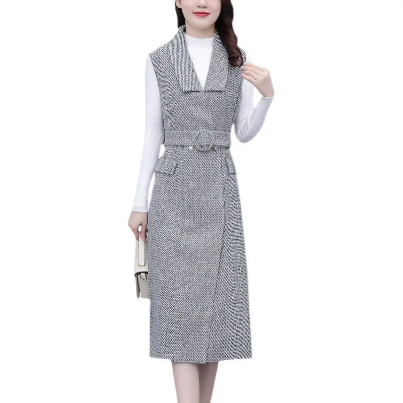 Temperament Slim Outfit 2021 Women\'s Commuter White Sweater + Gray Strap Dress Suit Autumn Winter Two Piece Set M1722