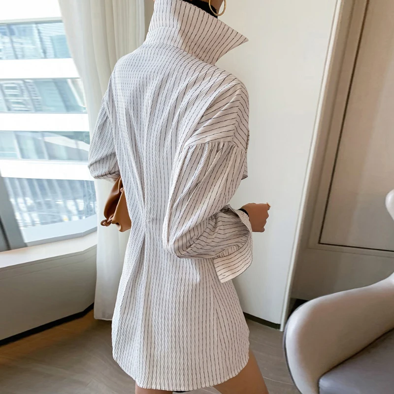 TWOTWINSTYLE Korean Patchwork Ruffle Shirt For Women Lapel Long Sleeve Striped Casual Fake Two Shirts Female Fashion New Clothes