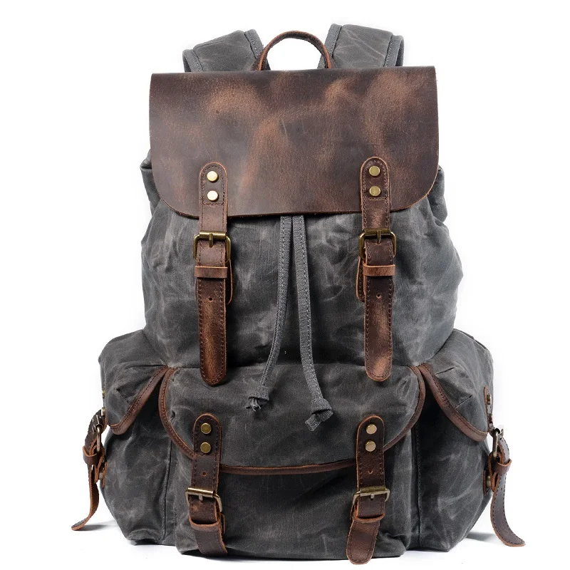 Waterproof Canvas Backpacks For Men Leather Laptop Rucksack Retro Big Capacity Travel Bag Trend Street Young Motorcycle Daypacks