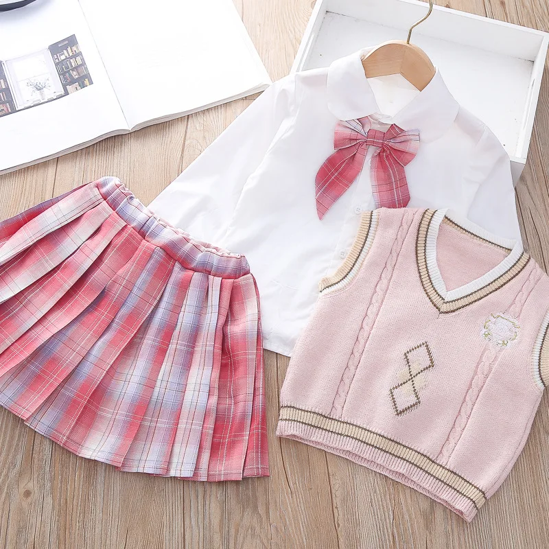 Girls JK College Style Suit Autumn Winter New Sweater Vest Doll Collar Shirt 3 Pieces Pleated Skirt Boutique Kids Clothing Set