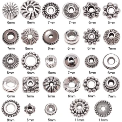 Metal Spacer Beads para DIY Fazer Jóias, Tampa Oca, Prata Tibetana, Redondo Frisado, Grande Buraco, Encantos Pulseira Suprimentos, 50Pcs