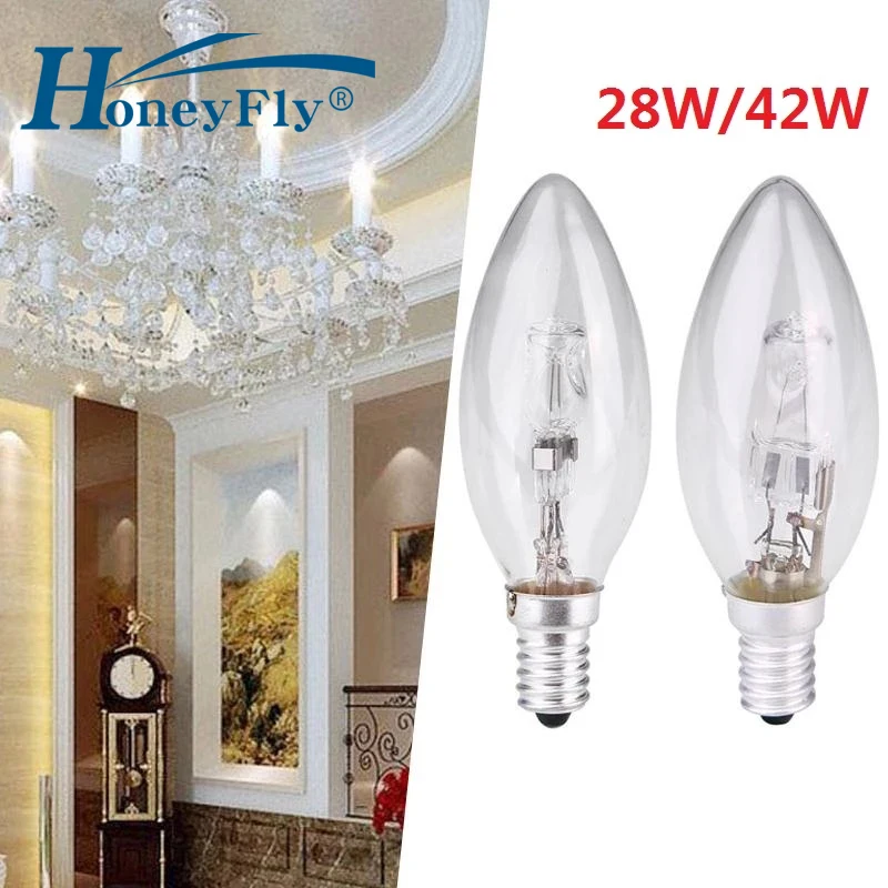 HoneyFly 10 Buah C35 Bohlam Halogen Lilin E14 E27 220V 28W 42W 98*35Mm 3000K Lampu Halogen Pengganti Bening untuk Lampu Pijar