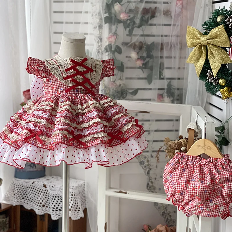 Baby girl summer plaid retro lolita dress kids bow cute lace stitching birthday party England Spanish layered princess dress