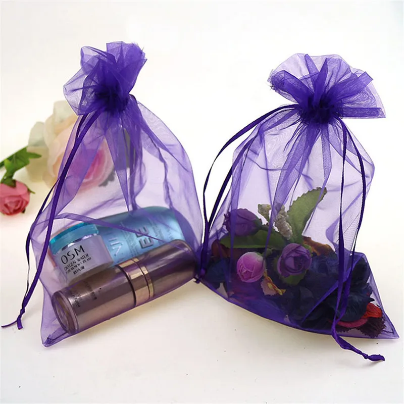 Purple 100pcs Organza Bag Jewelry Packaging Bags7x9 9x12 11x16 13x18CM Drawable Bags Gift Pouches Candy Bag For Communion Decor