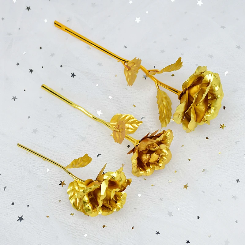 1 Stück Gold Rose Blume Folie Überzogene Kunststoff Künstliche Rosen Valentinstag Geschenk Schönheit Goldene Blumen für Zuhause Hochzeit Dekoration – Detail 10