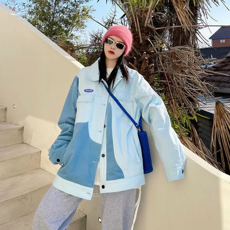 

2022 spring autumn color contrast stitching short jacket BF tooling Korean denim coat women preppy all-match fresh streetwear