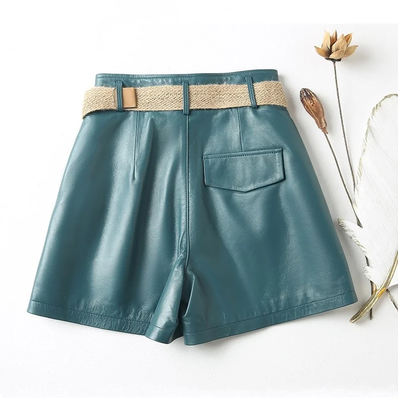 

Women Fashion High Waist Belted Sheepskin Real Leather Shorts Casual Ladies Soft Flare Trousers Ladies Loose Fit Wide Leg Shorts