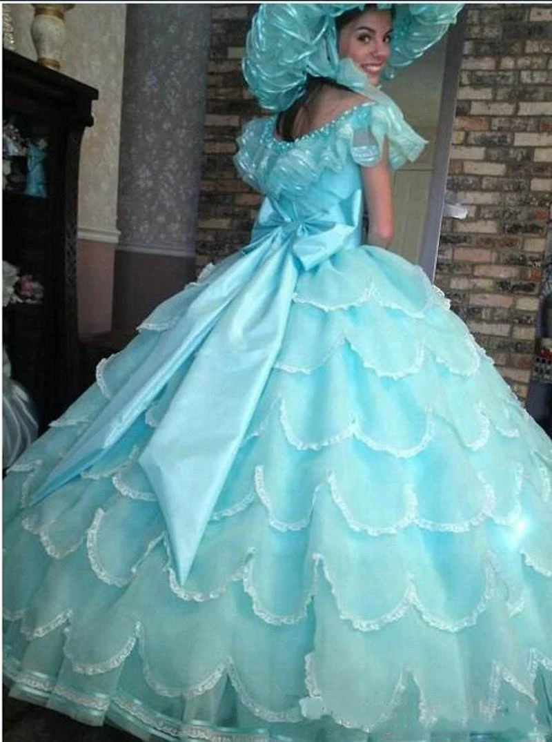 Vintage Light Blue Ball Gown Quinceanera Dresses 2020 Organza Ruffles Tiered Girls Pageant Gowns Floor Length Prom Evening Dress