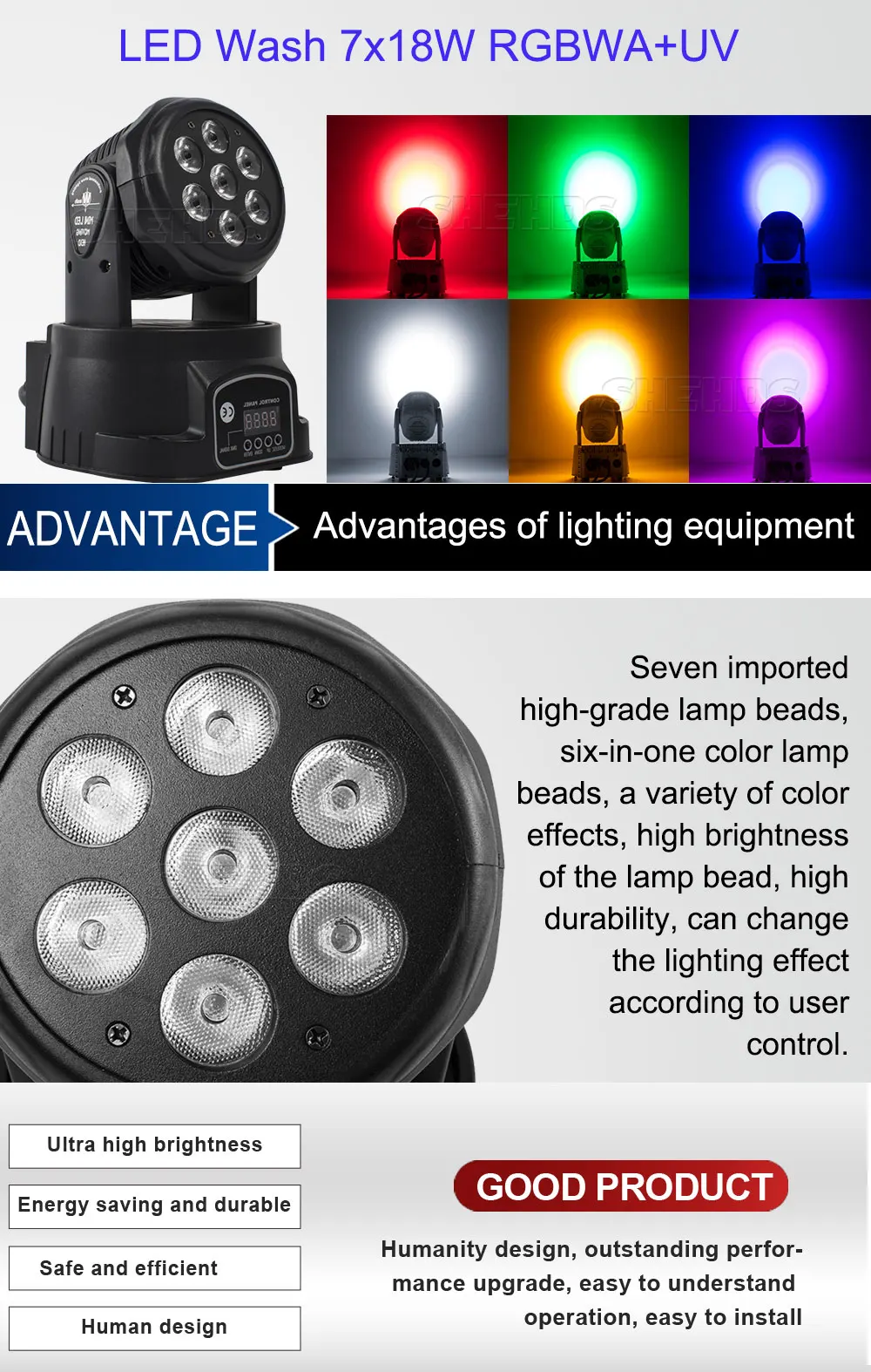 7x18w RGBWA UV 6in1 LED Moving Head Mini Waschen Licht Für DJ Party Disco Nachtclub DMX512 bühnen Beleuchtung – Detail 3