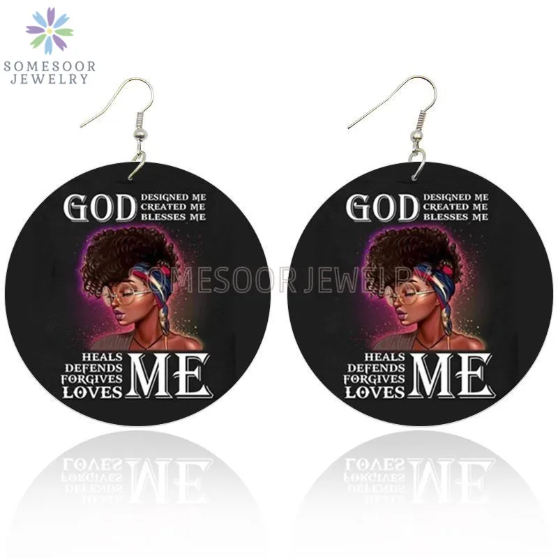 

SOMESOOR God Created Blessed Me Afro Arts Wooden Drop Earring Black Curls Natural Hair Designs Painted Dangle For Women Gifts