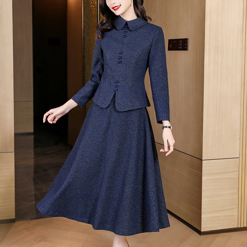 New Autumn Winter Blue Fashion Woolen 2 Piece Set Vintage Women Lapel Single-Breasted Short Jacket Coat + High Waist Skirt Suits