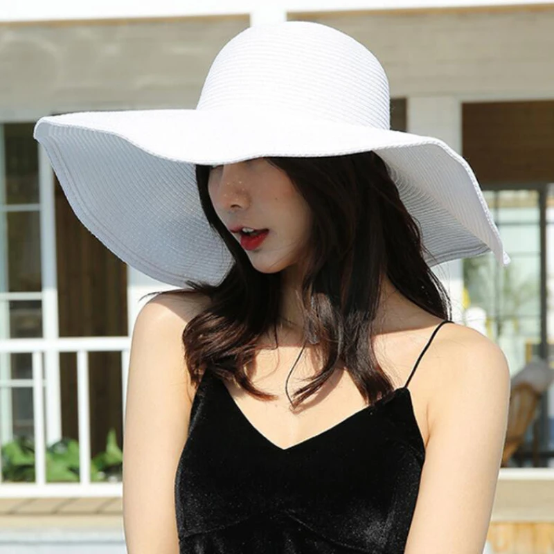 HT3062 Mode Große Große Breite Krempe Hut Solide Plain Floppy Strand Sonnenhut Packable Sommer Hüte für Frauen Dame Stroh hut Strand Kappe – Detail 5