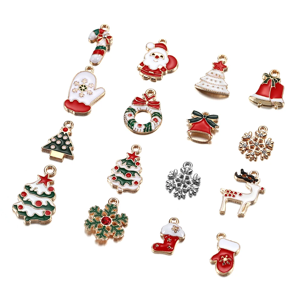 10Pcs Christmas Charms Pendants Enamel Bracelet Party Home Metal Craft Decoration Tree Hanging DIY Jewelry Making Accessories