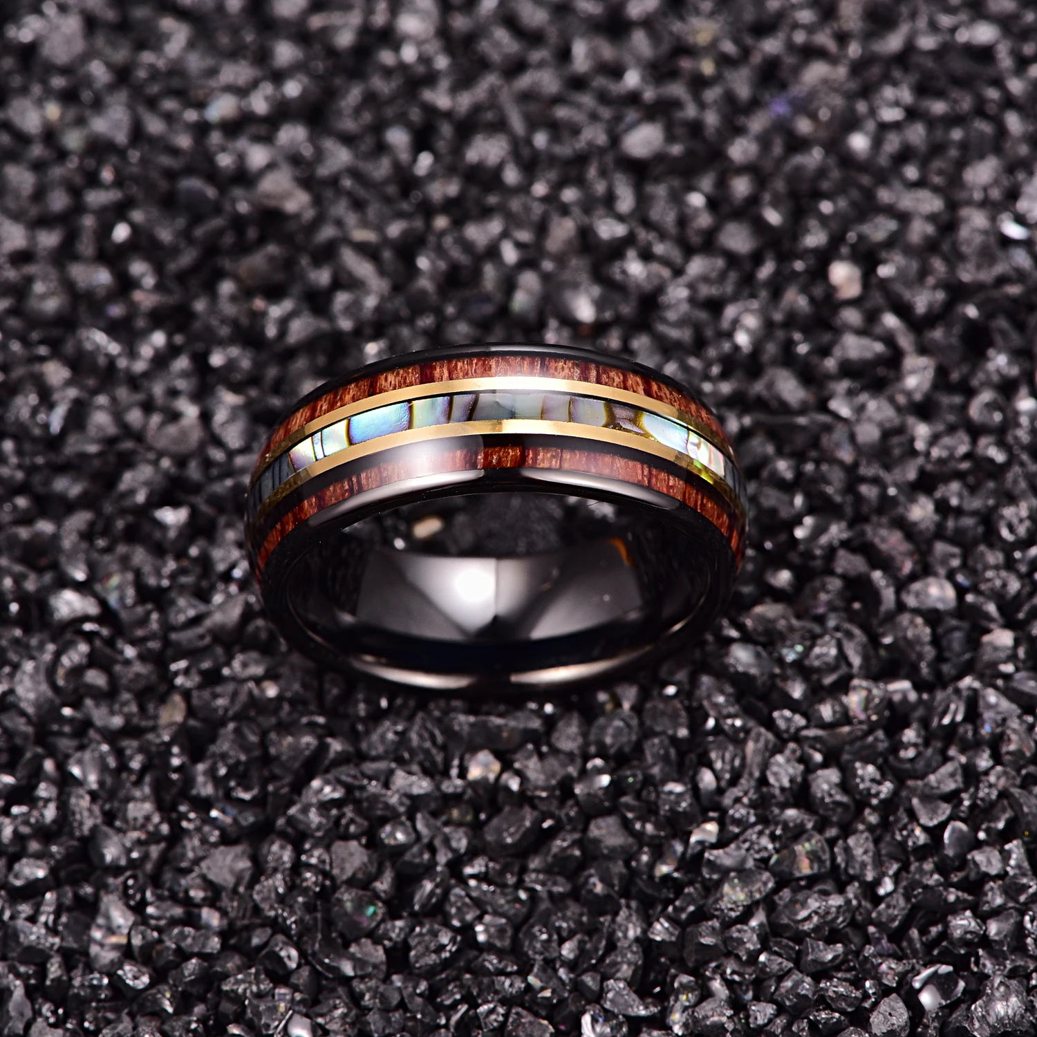 BONLAVIE 8mm Black Gold Inlaid Wood Grain Abalone Shell Tungsten Carbide Men's Ring Fashion Wedding Jewelry