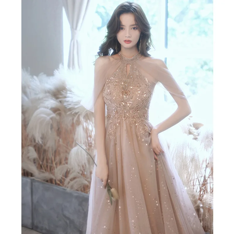 

Beauty-Emily 2021 Champagne Evening Dresses Elegant O-Neck Chiffon Sleeveless Formal Evening Gown Party Dress Robe De Soiree