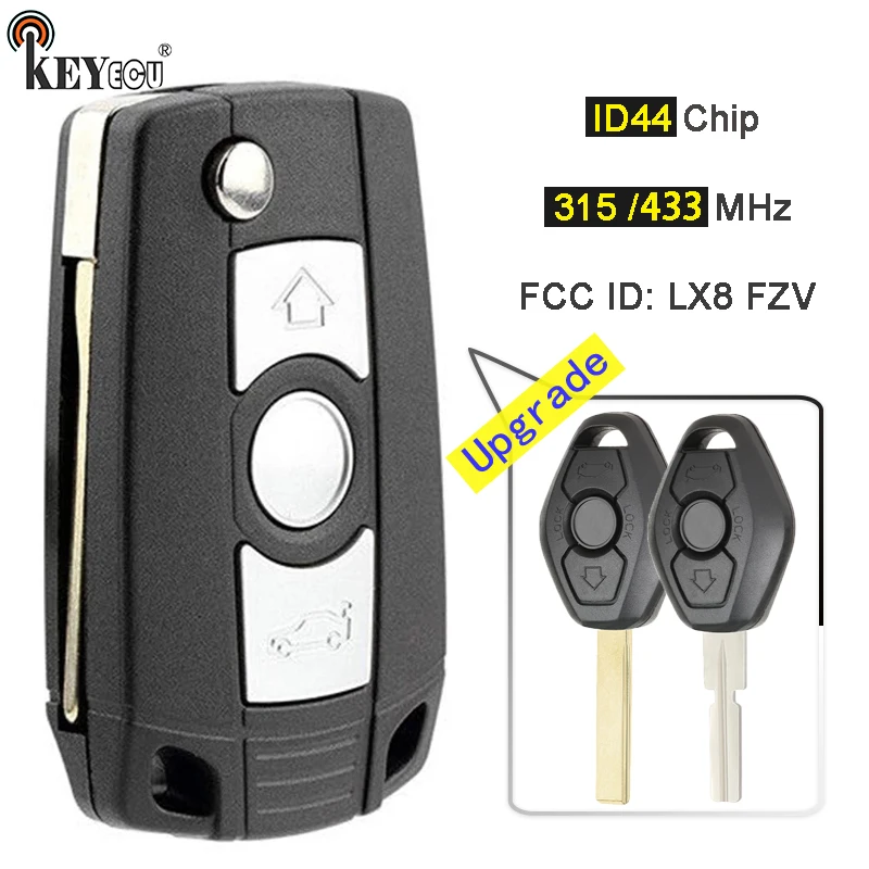 KEYECU 315/433MHz ID44 Chip EWS LX8 FZV Upgraded Fold Remote Key Fob for BMW 3 5 7 Series X3 X5 M3 M5 Z3 Z4 Z8 HU92 HU58 Blade